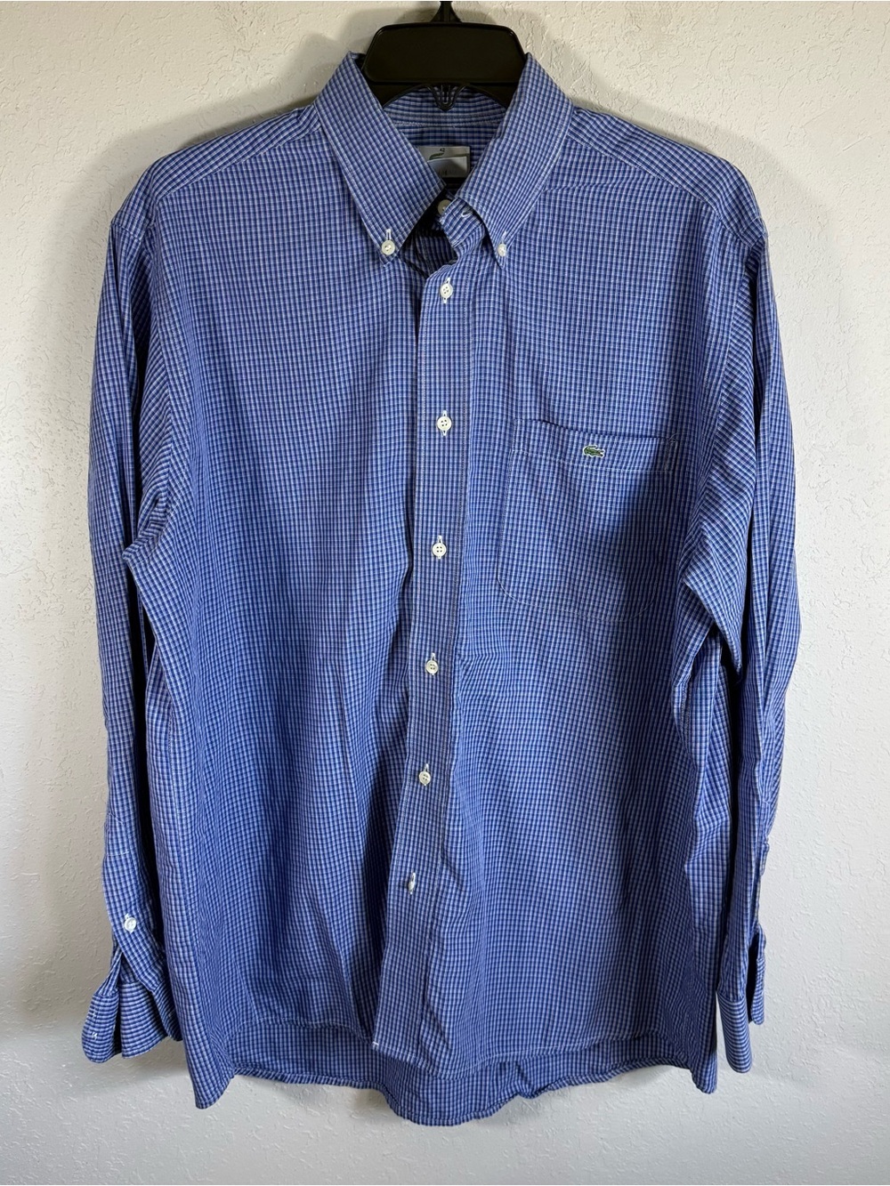 Mens 42 Blue Micro Plaid Lacoste Preppy Business Casual Church Office Button Up